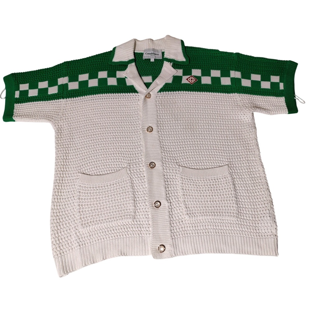 Casablanca Tennis Club Green White Checkered Knit Cardigan Size Large